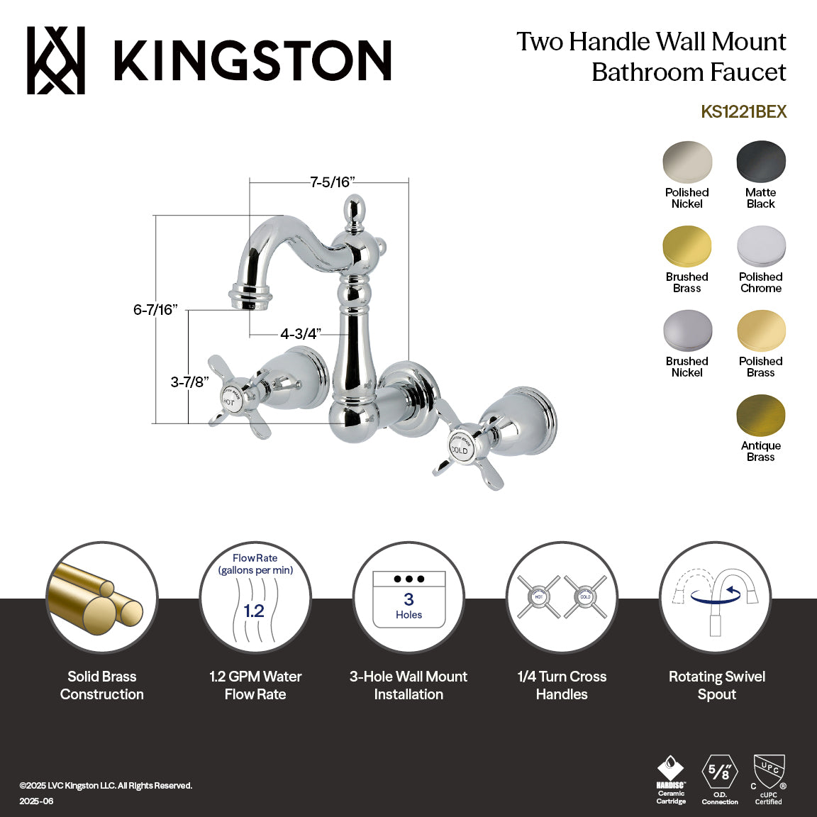 Kingston Heirloom KS1226BEX - Essex Double-Handle 3-Hole Wall Mount Bathroom Faucet, Polished Nickel — thumbnail 2